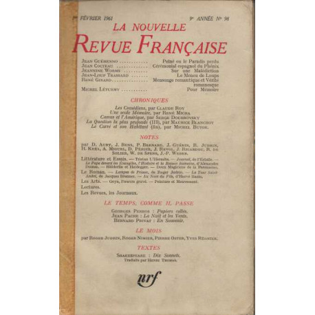 La nouvelle revue francaise numero 98 1er fevrier 1961